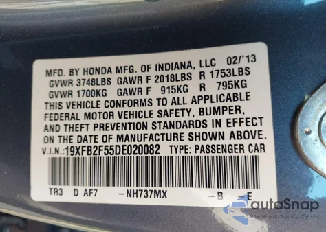 2013 Honda Civic Lx z USA, uszkodzony, nr VIN 19XFB2F55DE020082